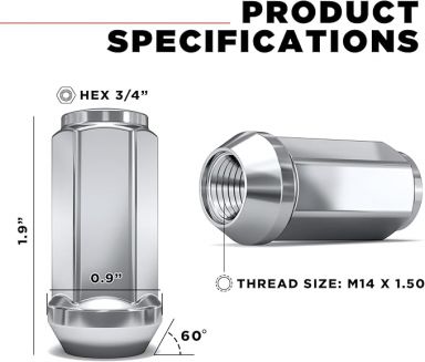 Chrome XL Bulge Acorn 3/4″ Hex Lug Nut - 1.90" Length-Thread Size 14mm x 1.50 - Box of 50